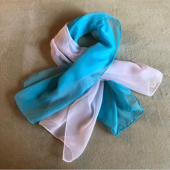 Vintage scarves shear chiffon bundle 2 total rectangle solid white aqua 1960s - Picture 1 of 8